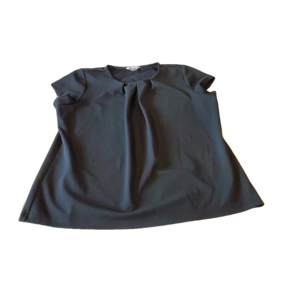 Liz Claiborne Size 2XL Black Round Neck Cap Sleeve Blouse Top Pleated Career